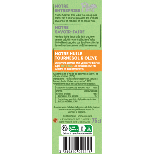 Huile de tournesol et olive BIO - Bouteille 75cl
