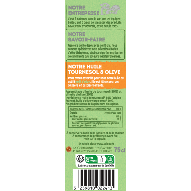 Huile de tournesol et olive BIO - Bouteille 75cl